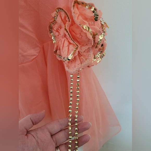 Couture Pageant Gold Peach Sequined Lace Dance Dress Size Medium Girls - Picture 7 of 11
